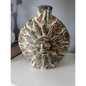Vintage Sun and Moon Celestial Terracotta Pottery Vase Rustic Brown Sunface 10in